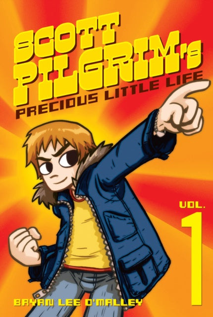 Book cover of 'Scott Pilgrim's Precious Little Life' with a character pointing and an orange background.