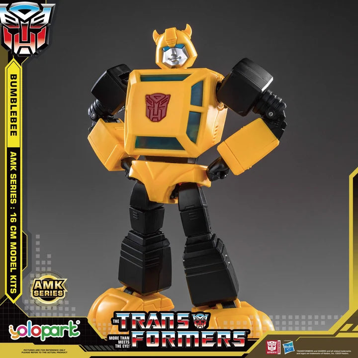 Transformers Bumblebee model kit with AMK Series branding on a dark background
