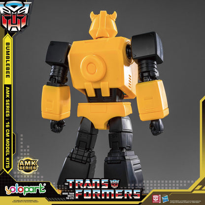Transformers robot model kit with branding and details on a dark background