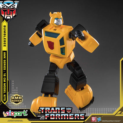 Transformers Bumblebee figure with branding and product details on a gray background