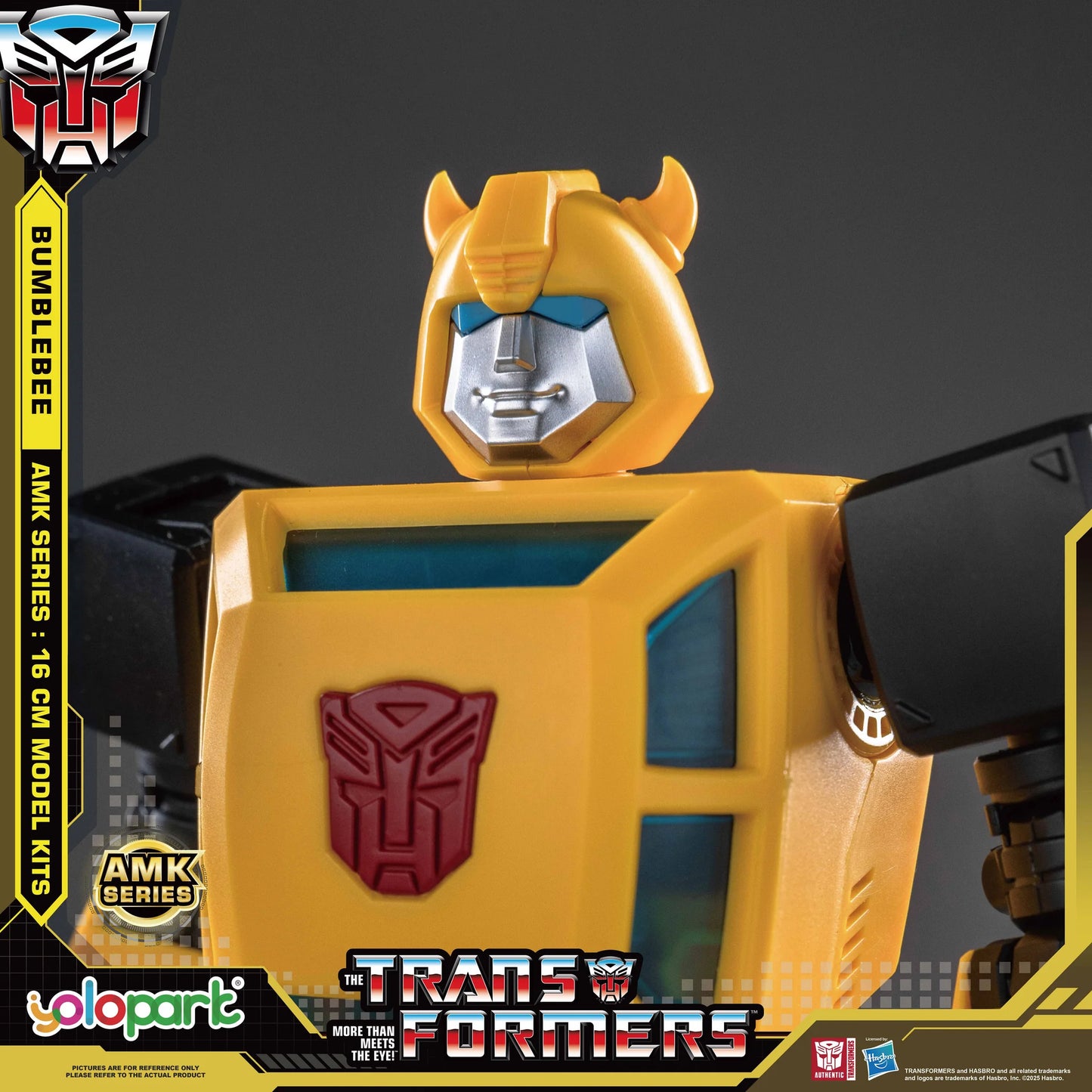 Transformers model kit with Bumblebee character on a dark background