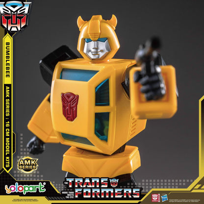 Transformers Bumblebee model kit with branding and product details on a dark background