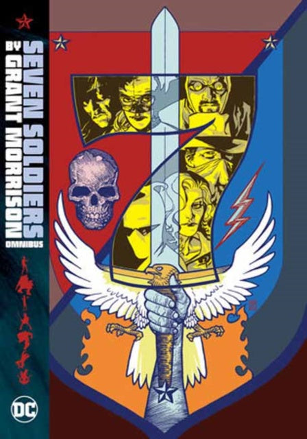Comic book cover with a stylized emblem featuring faces, a sword, and an eagle on a red and blue background.