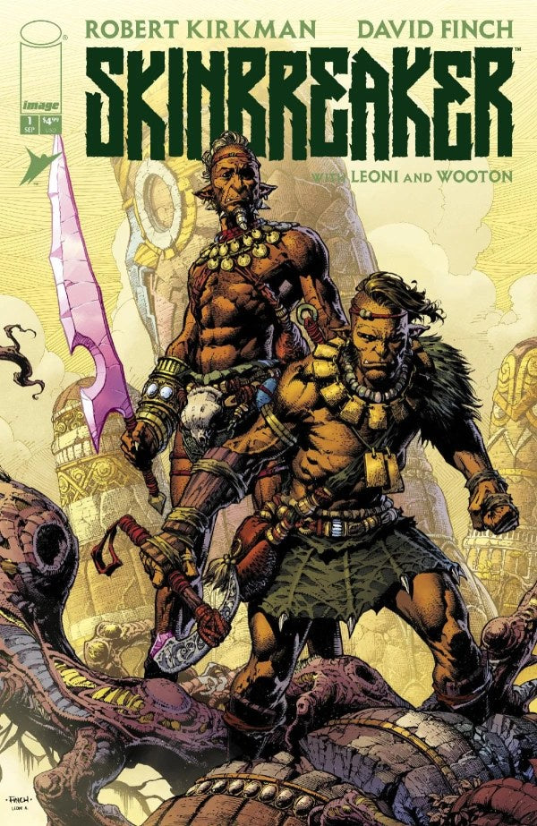 Comic book cover of 'Skinbreaker' featuring two warriors in a battle pose with a weapon.
Enor has led his tribe for many seasons, but his time as Chieftan is coming to an end. He wields the mighty SKINBREAKER, but at his age, he can barely lift it. Will Enor's reluctant heir, Anok, take over before their world falls to ruin? As a bloody power struggle begins, an even bigger threat lurks in the darkness beyond their village