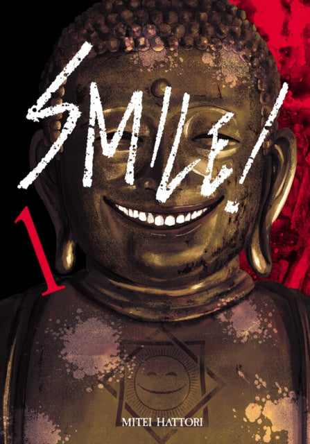 Buddha statue with 'SMILE!' text and red background