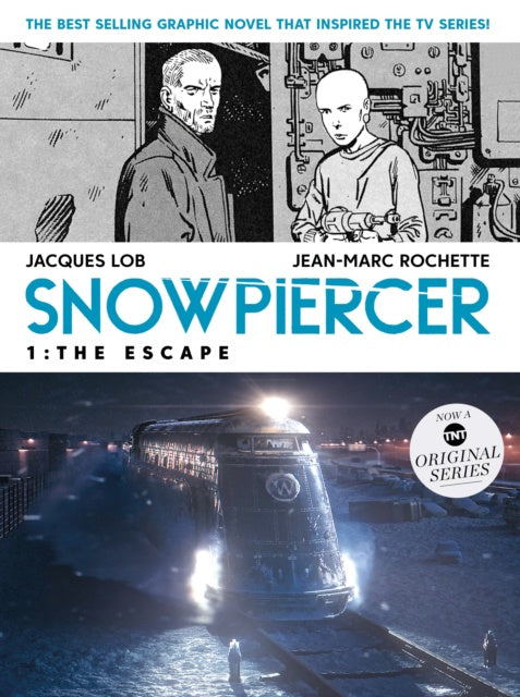 Cover of 'Snowpiercer' graphic novel with characters and train in snowy landscape