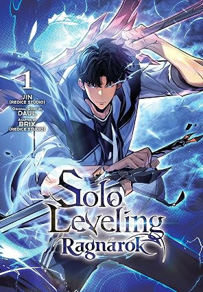 Cover of 'Solo Leveling Ragnarok' with a character holding a sword against a blue and purple background