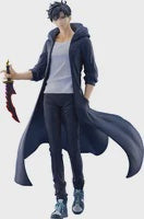 Action figure of a character with long coat and holding a weapon, wearing a blue outfit.