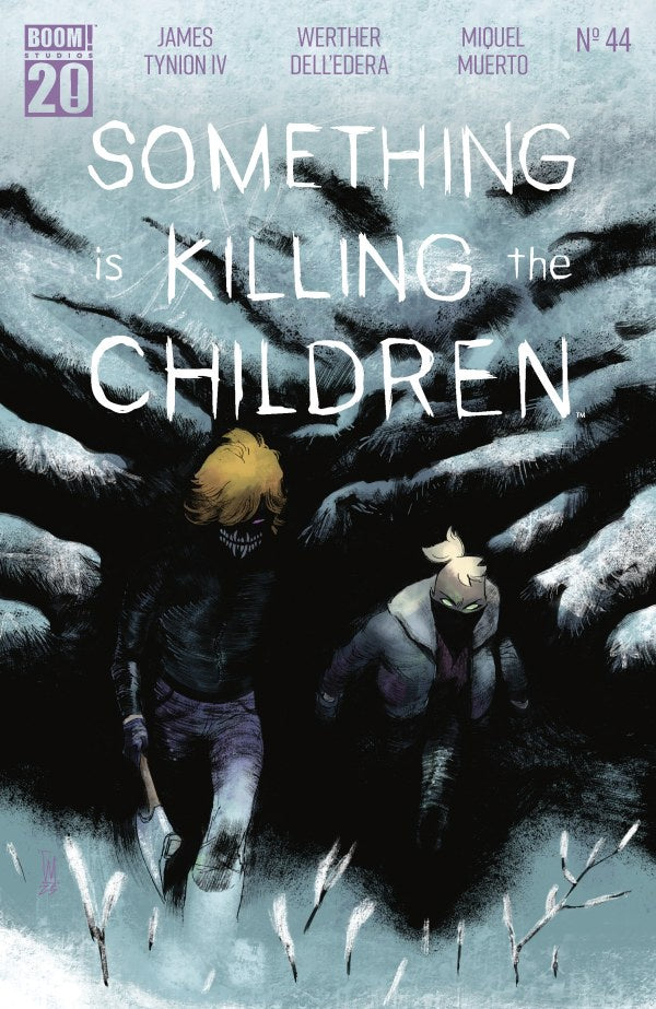 Something Is Killing the Children #44 Comic book cover of 'Something is Killing the Children' with two characters in a snowy landscape.