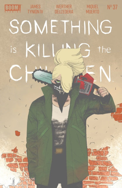 Comic book cover of 'Something is Killing the Children' with a character holding a gun and wearing a green coat.
