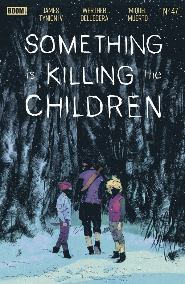 Comic book cover of 'Something is Killing the Children' with three characters in a snowy forest.