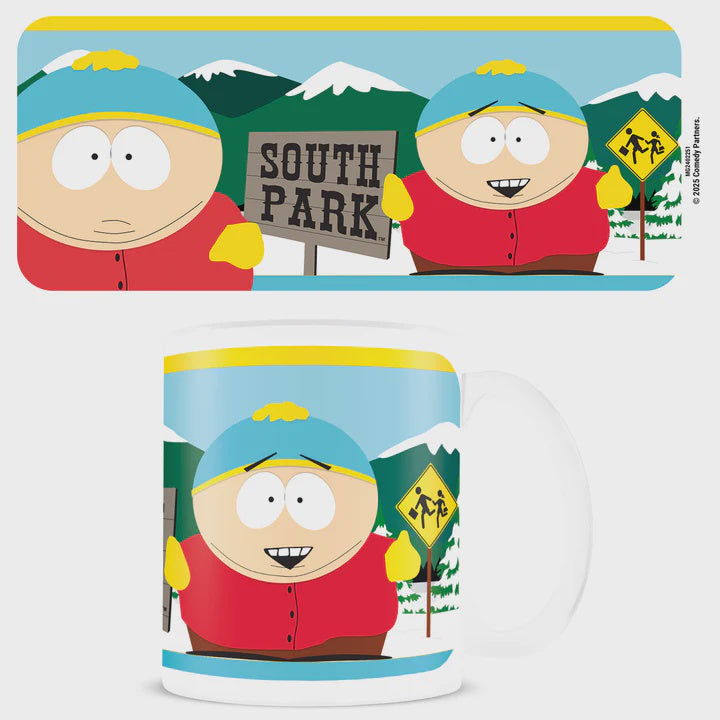 Mug with South Park character design featuring a sign and mountain background