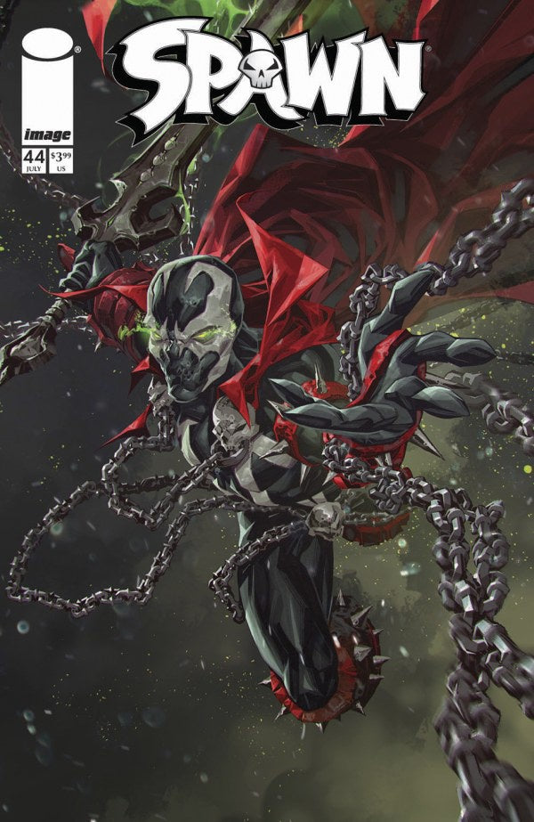 Comic book cover featuring a character with chains and red cape, titled 'Spawn'.