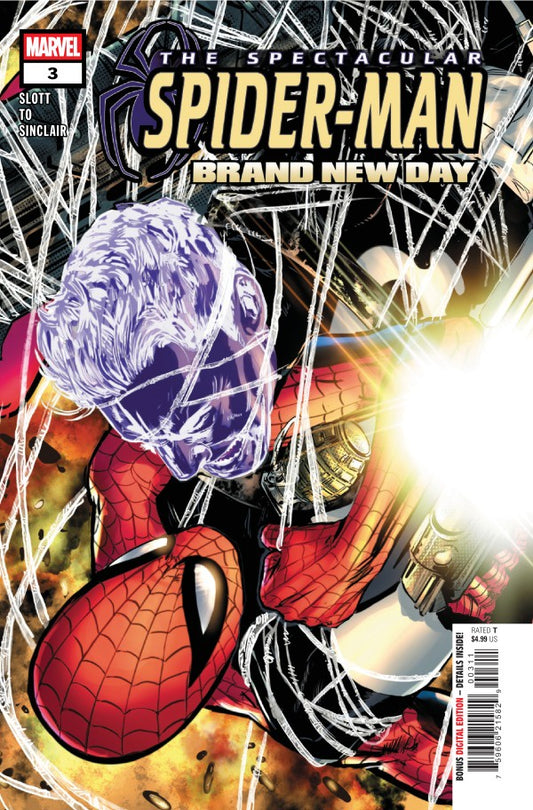 Comic book cover for Marvel's The Spectacular Spider-Man: Grand New Day issue number 3, featuring Spider-Man wrapped in webbing with a glowing purple mask and bright light effects.