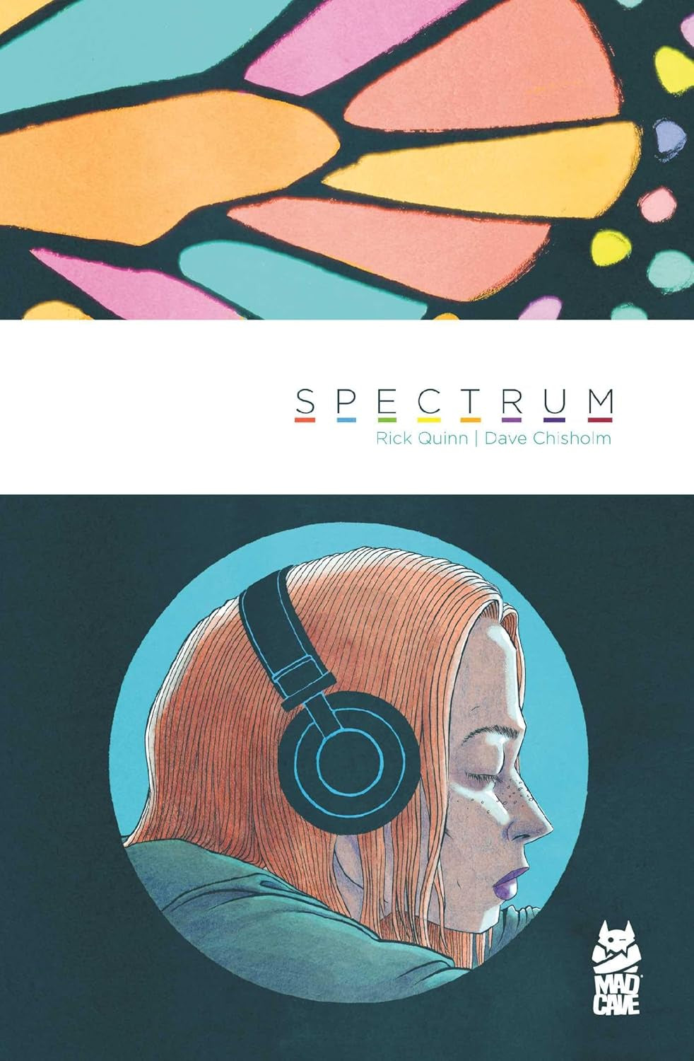 Book cover of 'Spectrum' with a stylized illustration of a person wearing headphones and colorful abstract shapes.