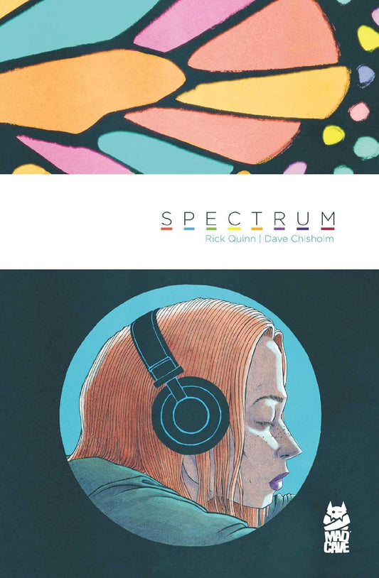 Book cover of 'Spectrum' with a stylized illustration of a person wearing headphones and colorful abstract shapes.