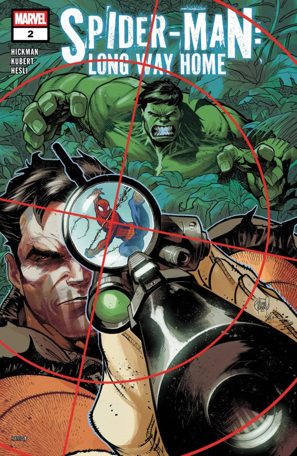 Marvel's Spider-Man: Long Way Home #2 comic book cover featuring a close-up of a man aiming a scope with Spider-Man visible through the magnifying glass, with the Hulk looming in the background among trees. The title 'SPIDER-MAN: LONG WAY HOME' appears at the top, with the Marvel logo in the upper left.