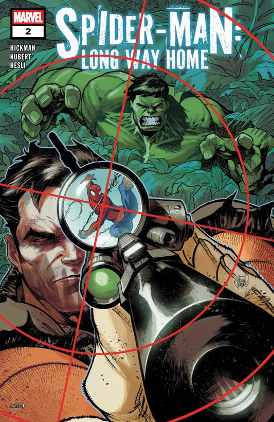 Marvel's Spider-Man: Long Way Home #2 comic book cover featuring a close-up of a man aiming a scope with Spider-Man visible through the magnifying glass, with the Hulk looming in the background among trees. The title 'SPIDER-MAN: LONG WAY HOME' appears at the top, with the Marvel logo in the upper left.