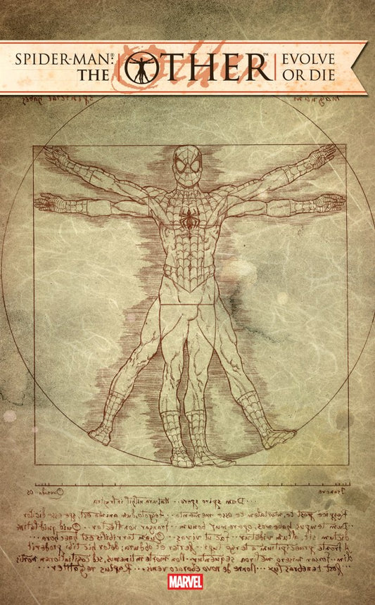 Comic book cover featuring Spider-Man in a Vitruvian Man-style diagram with Marvel logo.