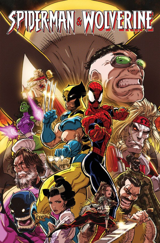 Comic book cover featuring Spider-Man and Wolverine with other characters in the background.