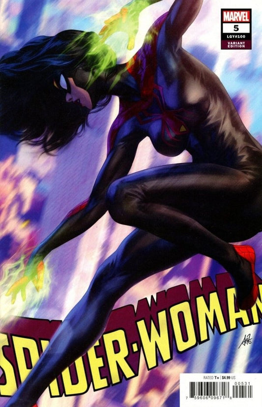 Comic book cover featuring Spider-Woman in a dynamic pose with colorful background