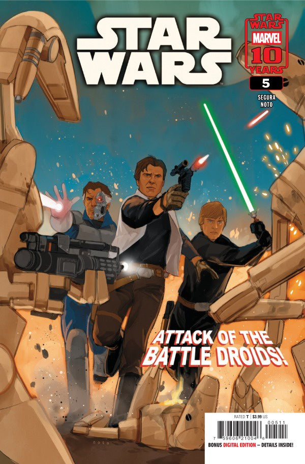 Comic book cover featuring characters from 'Star Wars' with battle droids and text.