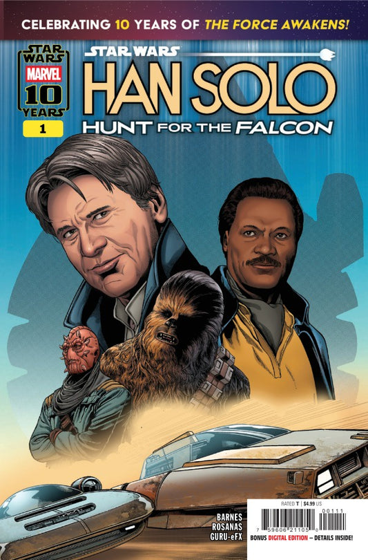 Comic book cover featuring Han Solo, Chewbacca, and another character with a vehicle and desert landscape.