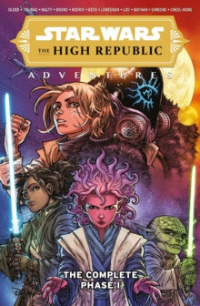 Cover of 'Star Wars: The High Republic Adventure' with characters and lightsabers on a purple background.