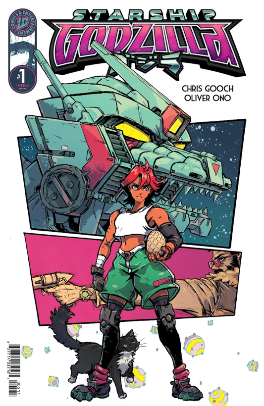 Comic book cover featuring a character with red hair and green outfit, a robot, and 'Starship Godzilla' title.