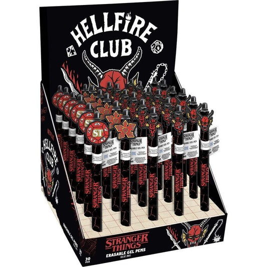 Display of Stranger Things Hellfire Club erasable gel pens with packaging.
