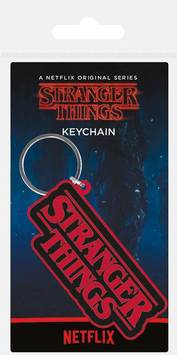 Stranger Things keychain packaging with red and black design on a white background