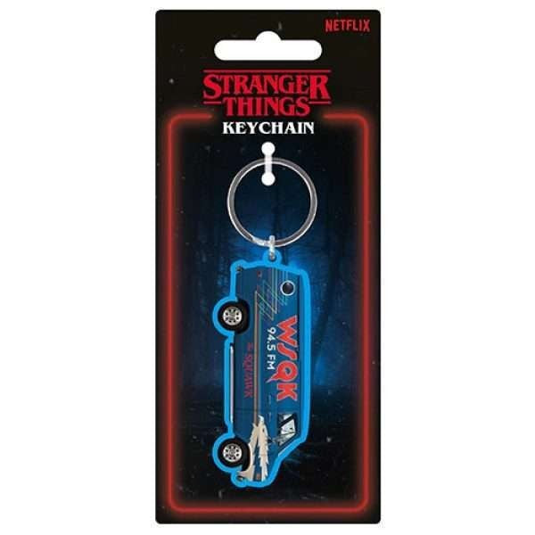 Stranger Things keychain packaging with blue saw blade design on a black background