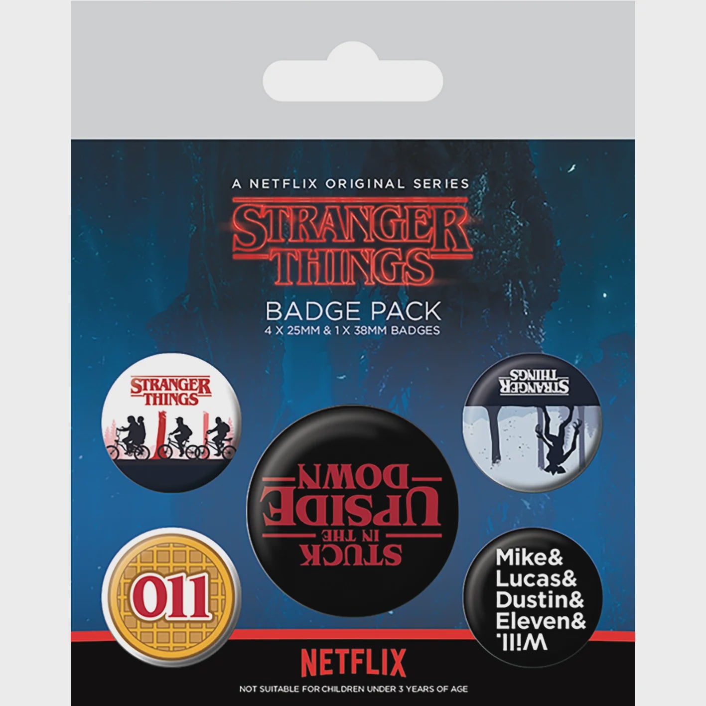 Stranger Things badge pack with buttons and a card featuring the Stranger Things logo and branding.