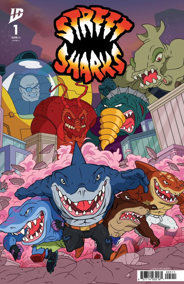 Comic book cover featuring cartoon sharks with a colorful background
