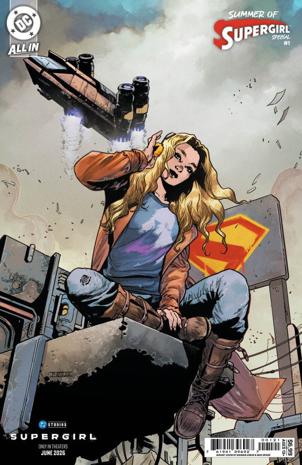 Comic book cover featuring a superheroine with a ship in the background