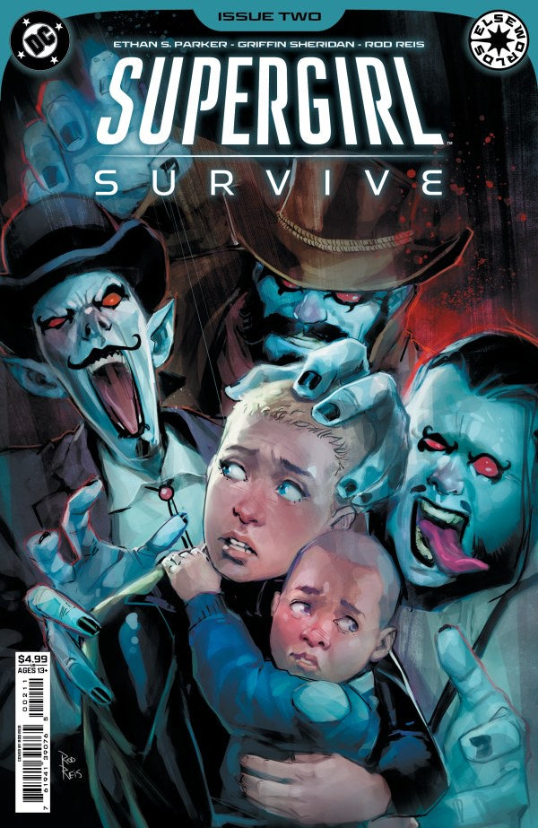 Comic book cover of 'Supergirl Survive' with a woman holding a child and monstrous figures.