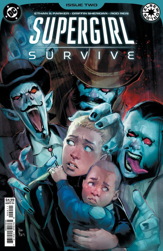Comic book cover of 'Supergirl Survive' with a woman holding a child and monstrous figures.