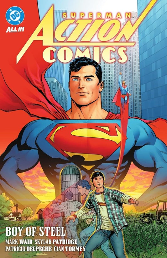 Superman comic book cover with a boy and cityscape in the background