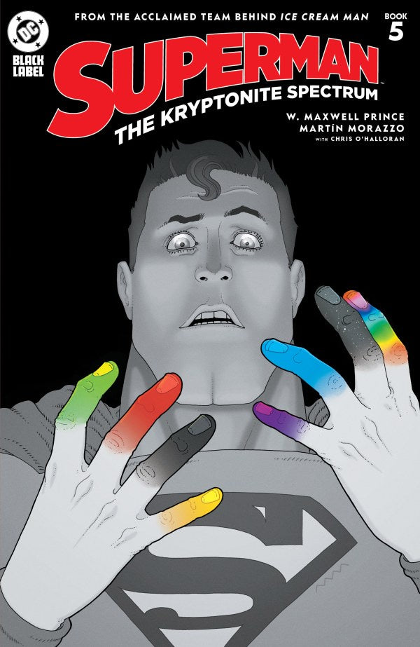 Superman comic book cover with multicolored hands and black label logo