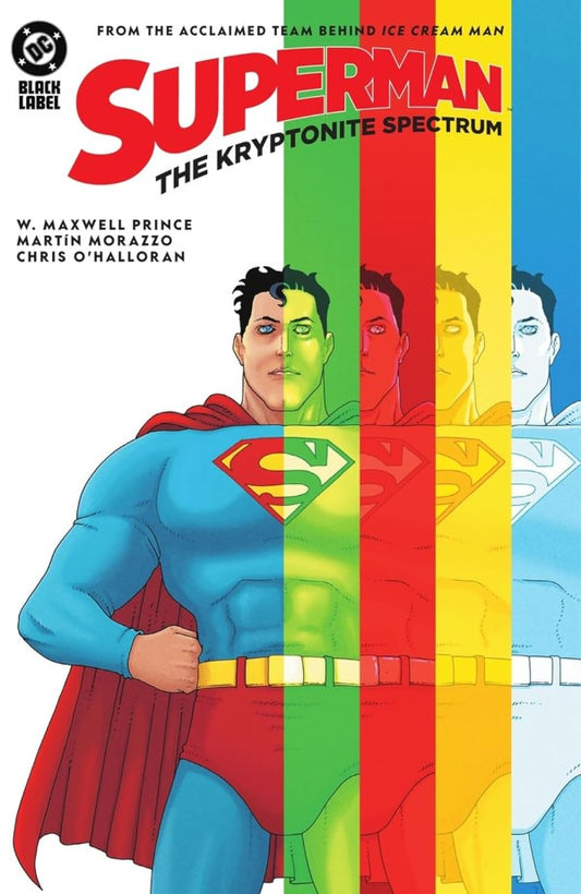 Superman comic book cover with character in superhero costume and color spectrum