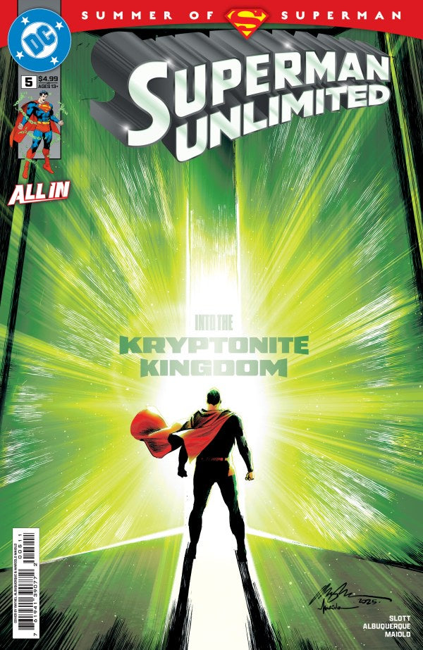 Comic book cover of Superman Unlimited with a superhero figure and bright green light.