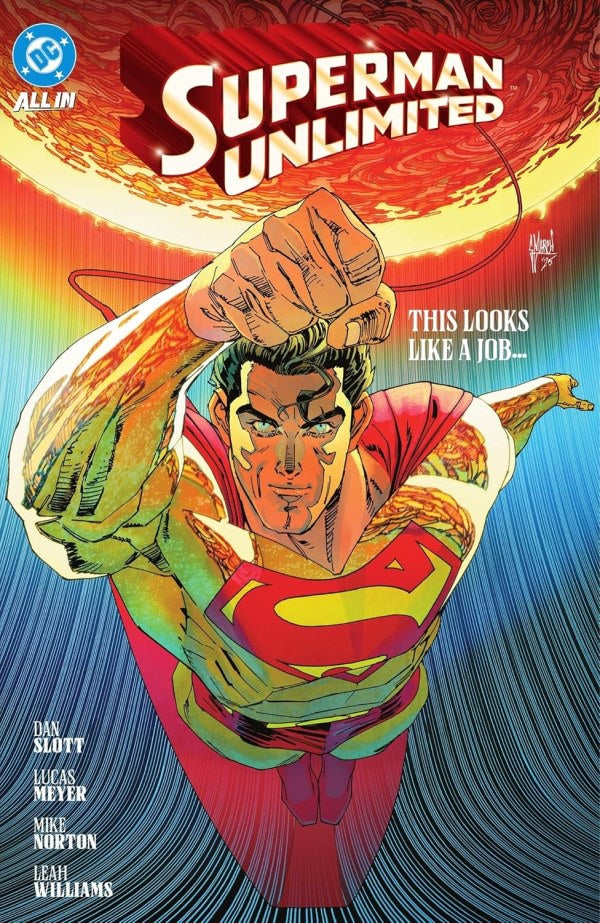 Comic book cover for Superman Unlimited issue 2, featuring Superman flying forward with a fist raised against a swirling red, orange, yellow, and blue background. The DC Comics logo is visible in the top left, and the title 'Superman Unlimited' appears prominently at the top.