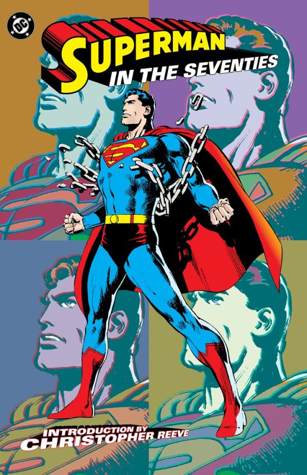 Superman book cover from the 1970s with colorful background
