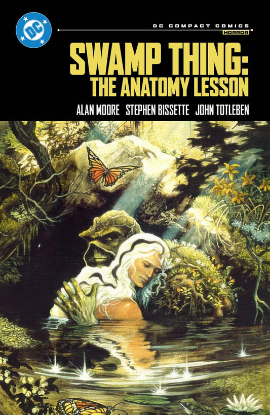 Comic book cover of 'Swamp Thing: The Anatomy Lesson' with a character by a pond and nature elements.