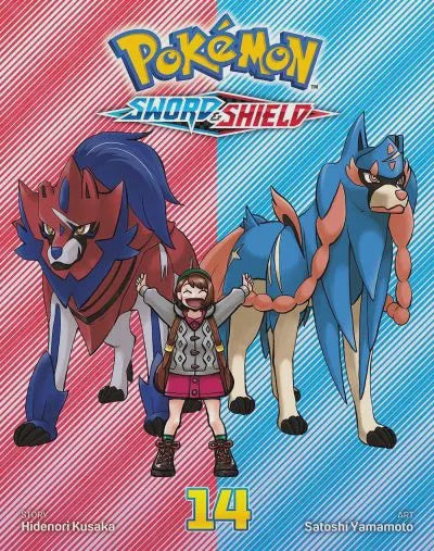 Pokémon Sword & Shield book cover with two large creatures and a person on a red and blue striped background.