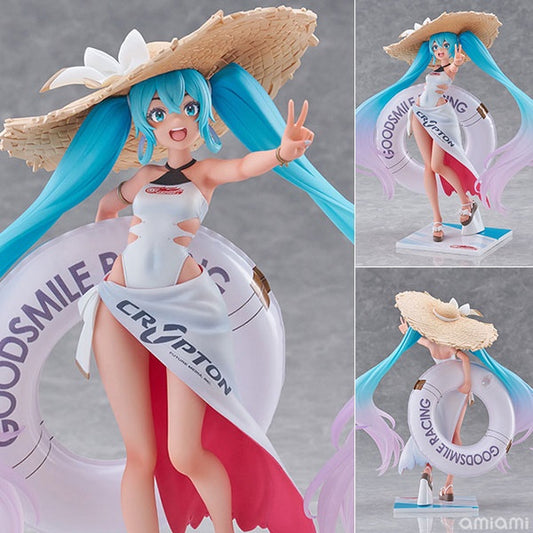 Figurine of an anime character with blue hair and a straw hat, standing on a gray background.