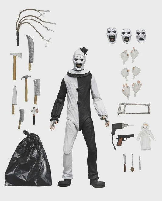 Halloween costume set with clown outfit, masks, weapons, and tools on a white background