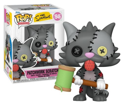 Funko Pop! Television vinyl figure of Patchwork Scratch from The Simpsons, shown next to its original window box packaging. The figure is a gray rag doll with a button eye, a pink stitched mouth, and holds a green spool of thread with a wooden mallet.