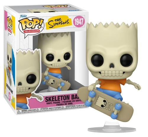 Funko Pop! Television The Simpsons Skeleton Bart in an orange shirt and blue pants holding a skateboard, shown next to its retail box on a white background.