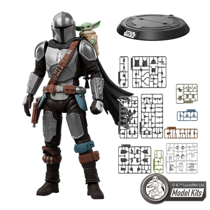 Action figure of a character from 'The Mandalorian' with a model kit set on a white background.